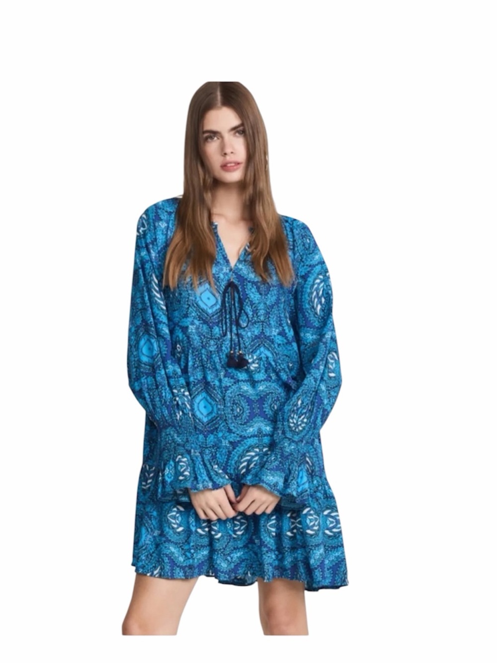 Figue blue pattern Bella long sleeve boho mini dress size small